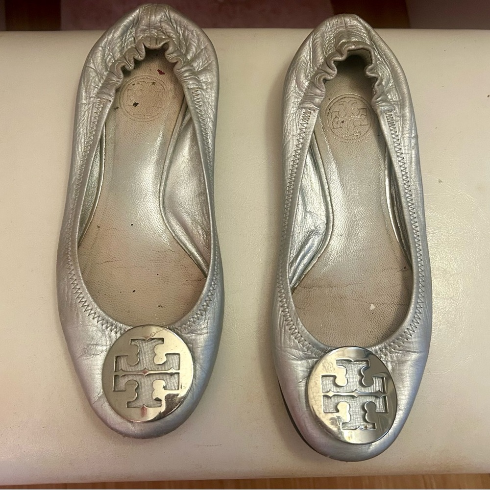 Tory Burch Silver Flats with Logo Medallion